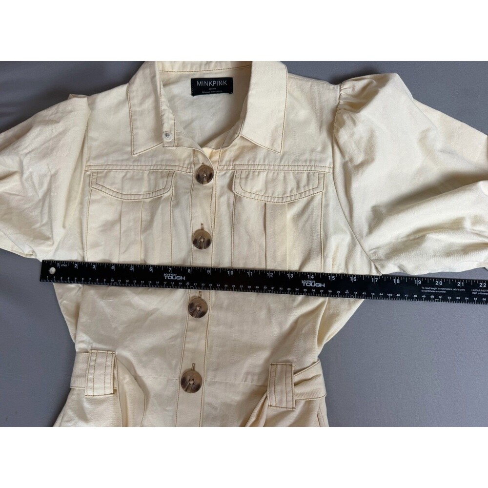 MINKPINK Cream Utility Shirt Dress Puff Sleeve Button Front Belted Dress Medium - Picture 15 of 16